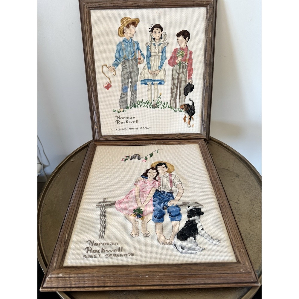 Norman Rockwell Cross Stitch Pictures Set Of 2 Vintage Cottage Granny Grandma